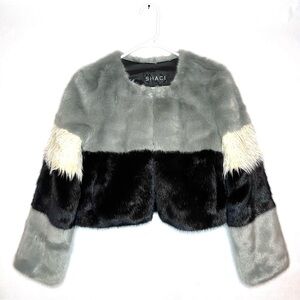 SHACI Women XS Faux Fur Cropped Coat Vail Grey White Black Mob Wife Disco